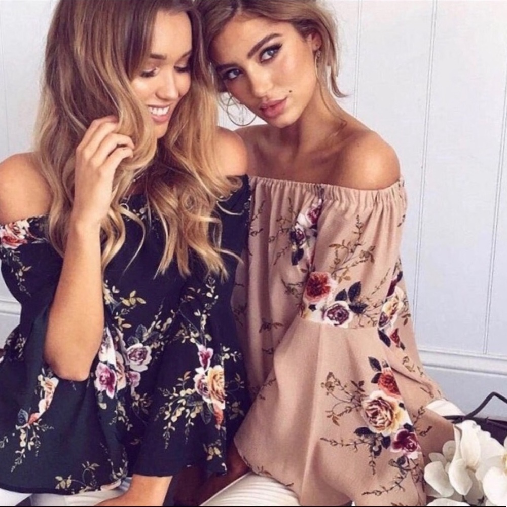 2 Left! Off Shoulder tan Floral Blouse